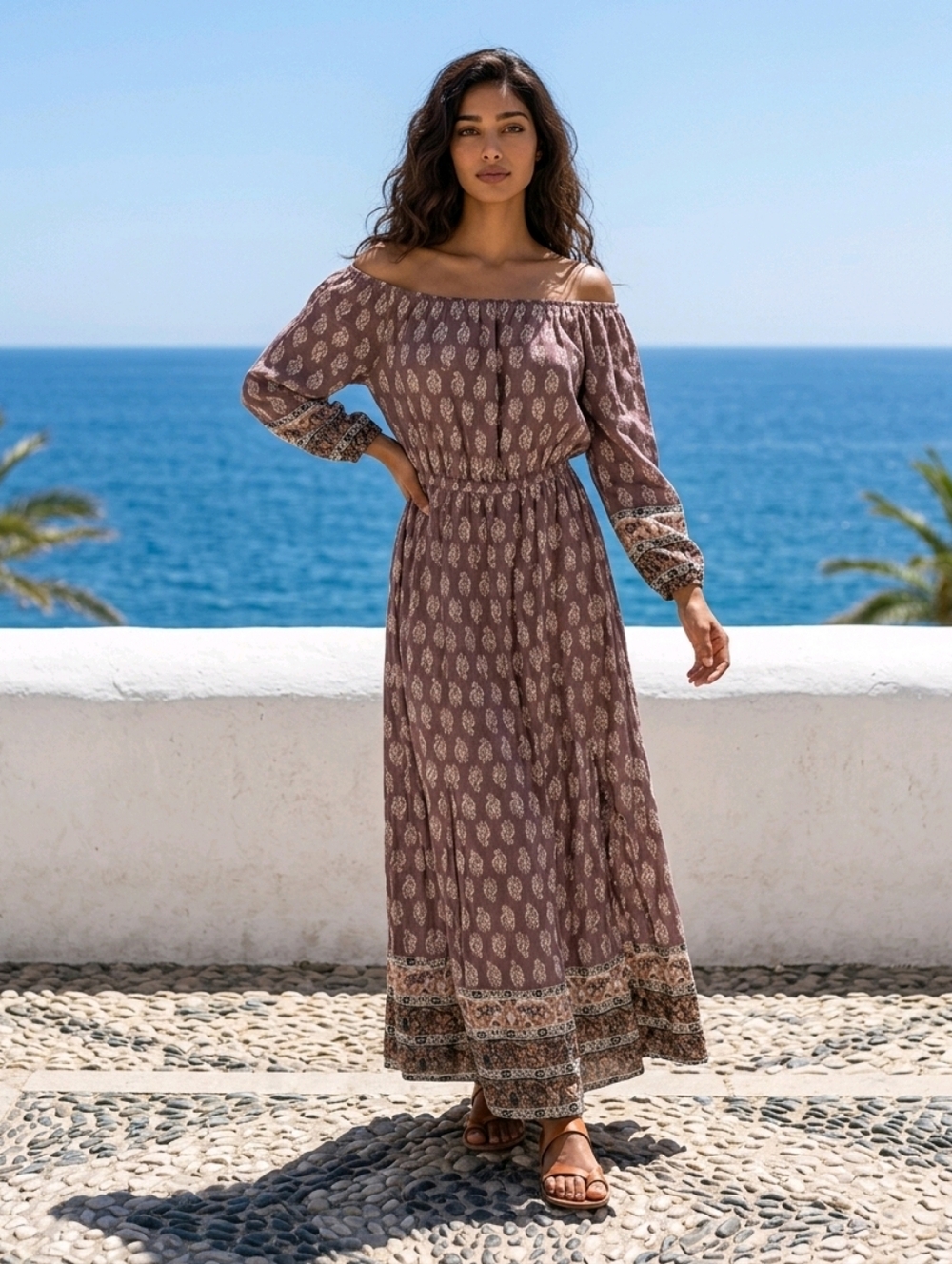 Lascana Venus Maxi Dress Off-Shoulder Purple Paisley Modal Front Slit Boho Chic